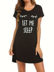 Letter Print NightDress Short Sleeve Crew Neck Pajama Dress