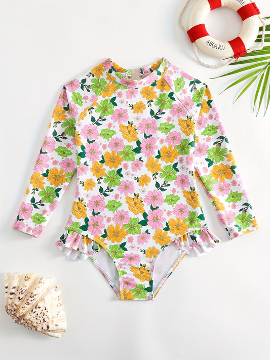 Toddler Girls Floral Ruffle Swimsuit with Cut Out Back