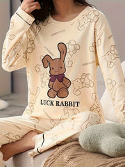 Rabbit Print Pajama Set Long Sleeve Crew Neck Top & Pants