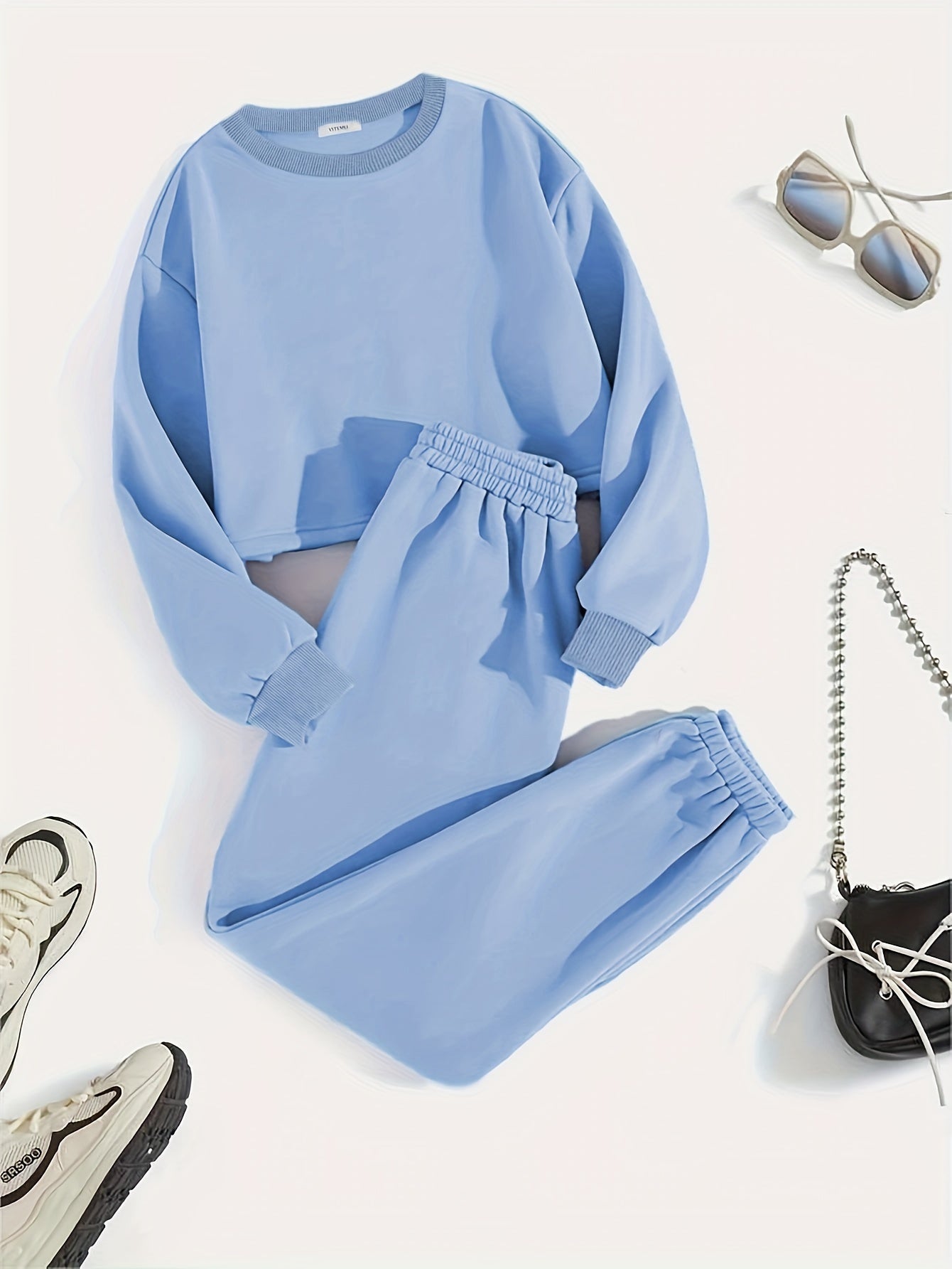  Solid Fleece Sweatshirt & Jogger Set