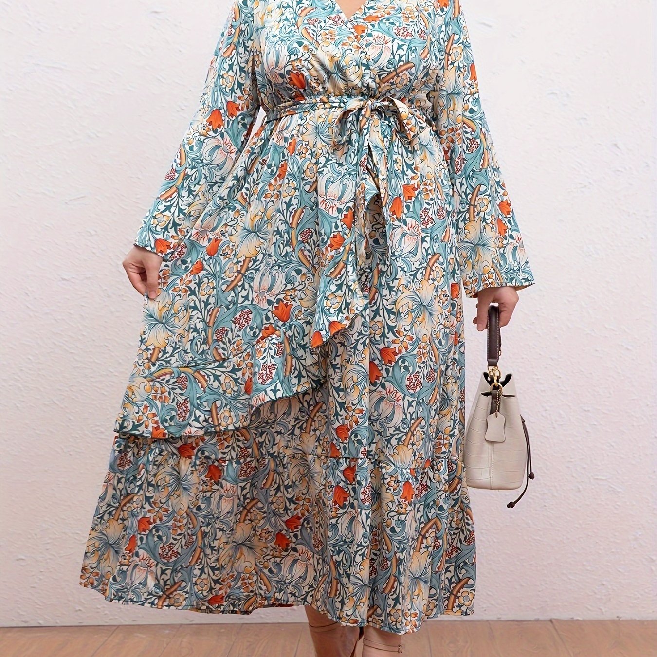 Women's Plus Floral Print Maxi Dress With Ruffle Trim