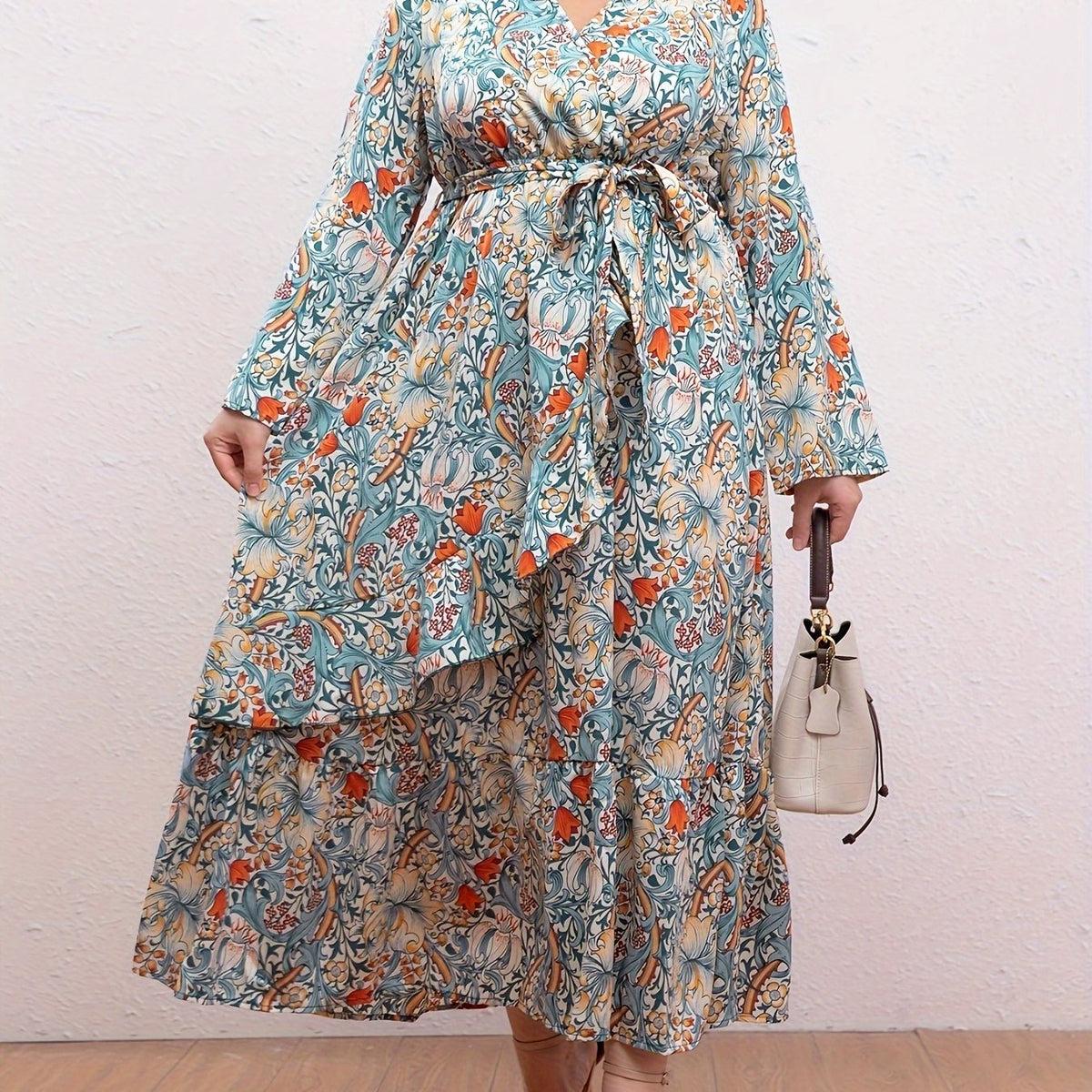 Women's Plus Floral Print Maxi Dress With Ruffle Trim