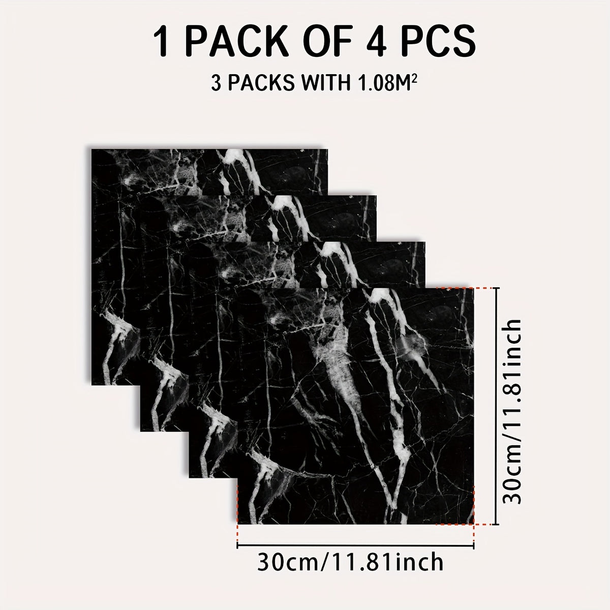 4pcs Marble Pattern Tile Stickers - Waterproof Non-slip Self-adhesive Wall