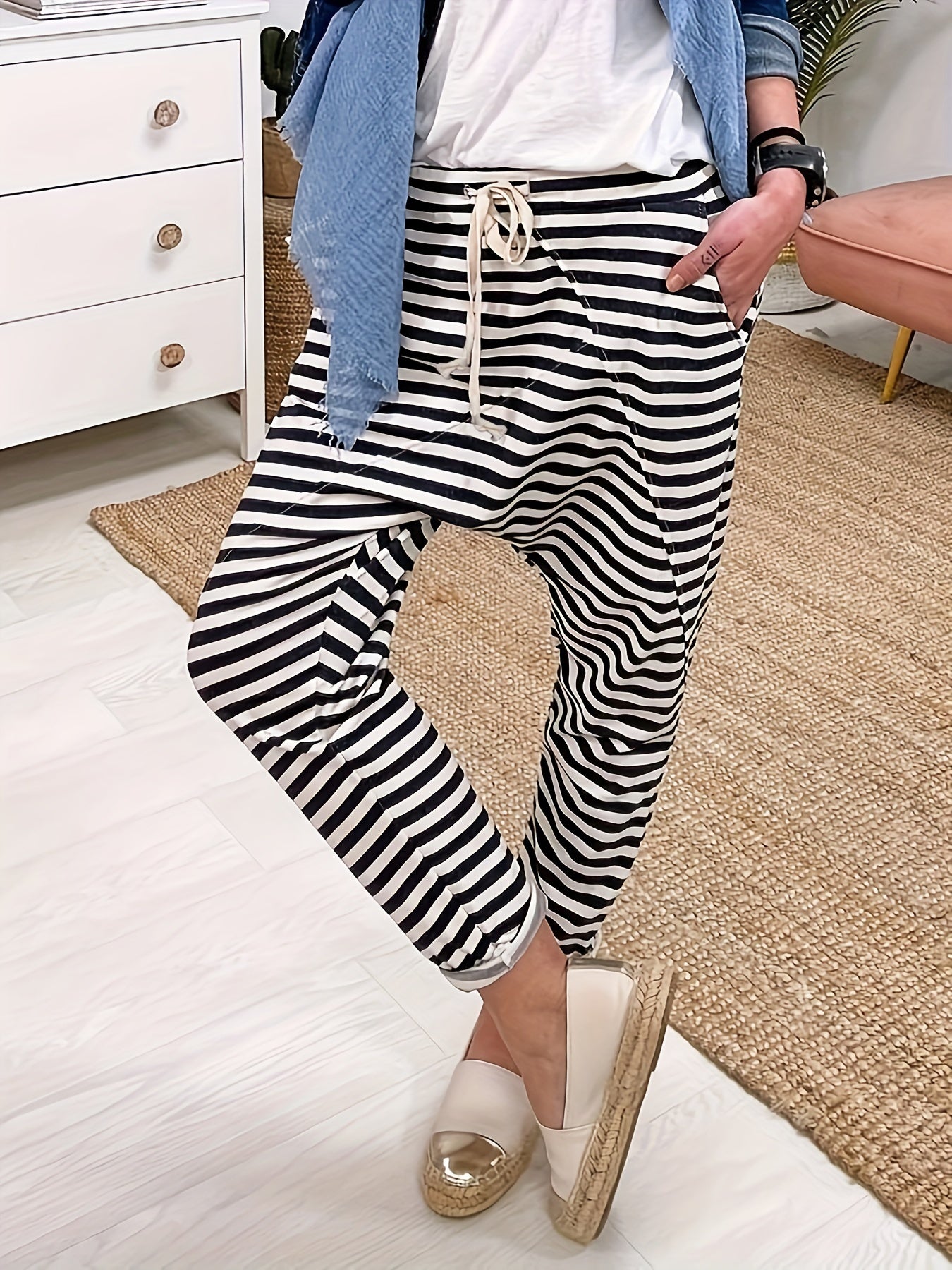 Women's Plus Stripe Print Drawstring Elastic High Rise Harem Trousers