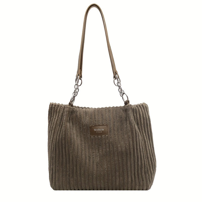 Stylish Corduroy Shoulder Bag for Women Zip Closure Fixed Strap