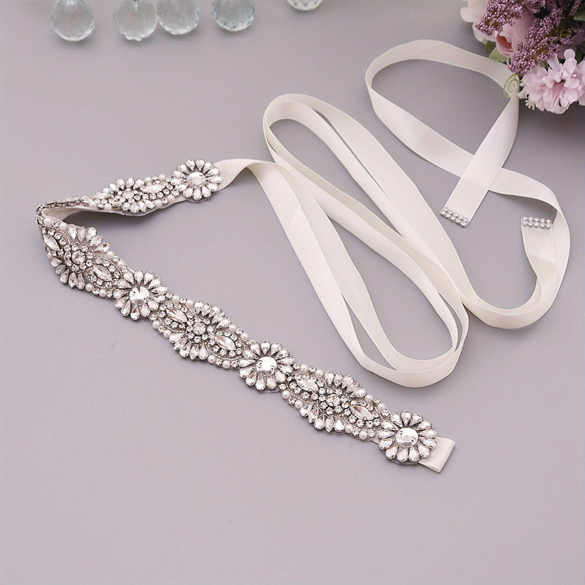 Beaded Flower Rhinestone Decor Waistband Sash Belt Bridal Accessory