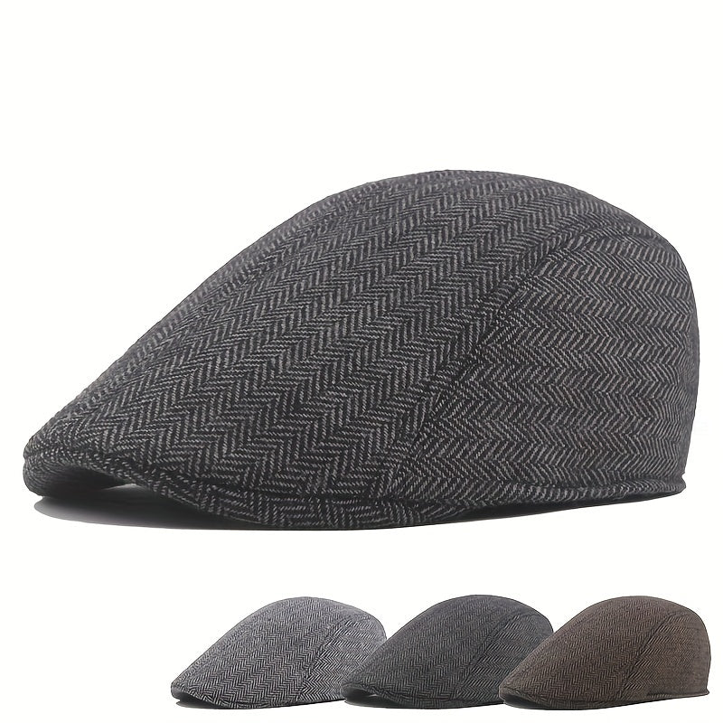 Mens Herringbone Tweed Blend Flat Cap Ivy Cabbie Driving Hat