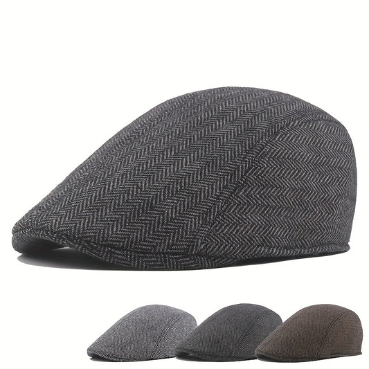 Mens Herringbone Tweed Blend Flat Cap Ivy Cabbie Driving Hat