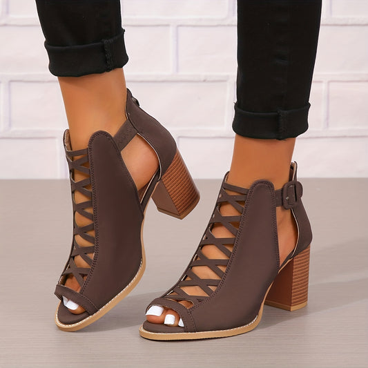 Women's Chunky Heeled Sandals Peep Toe Cut out Buckle Strap Retro High Heels