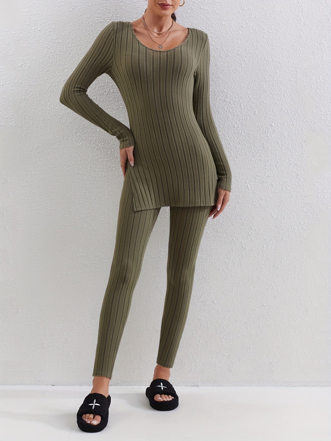 Ribbed Two piece Set Long Sleeve Side Split Top & Pants Outfits