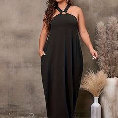  Halter Neck Maxi Dress With Cut Out Back & Pockets