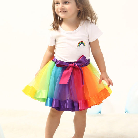 Girls Rainbow Mesh Tutu Skirt Dance Princess Colorful Skirt