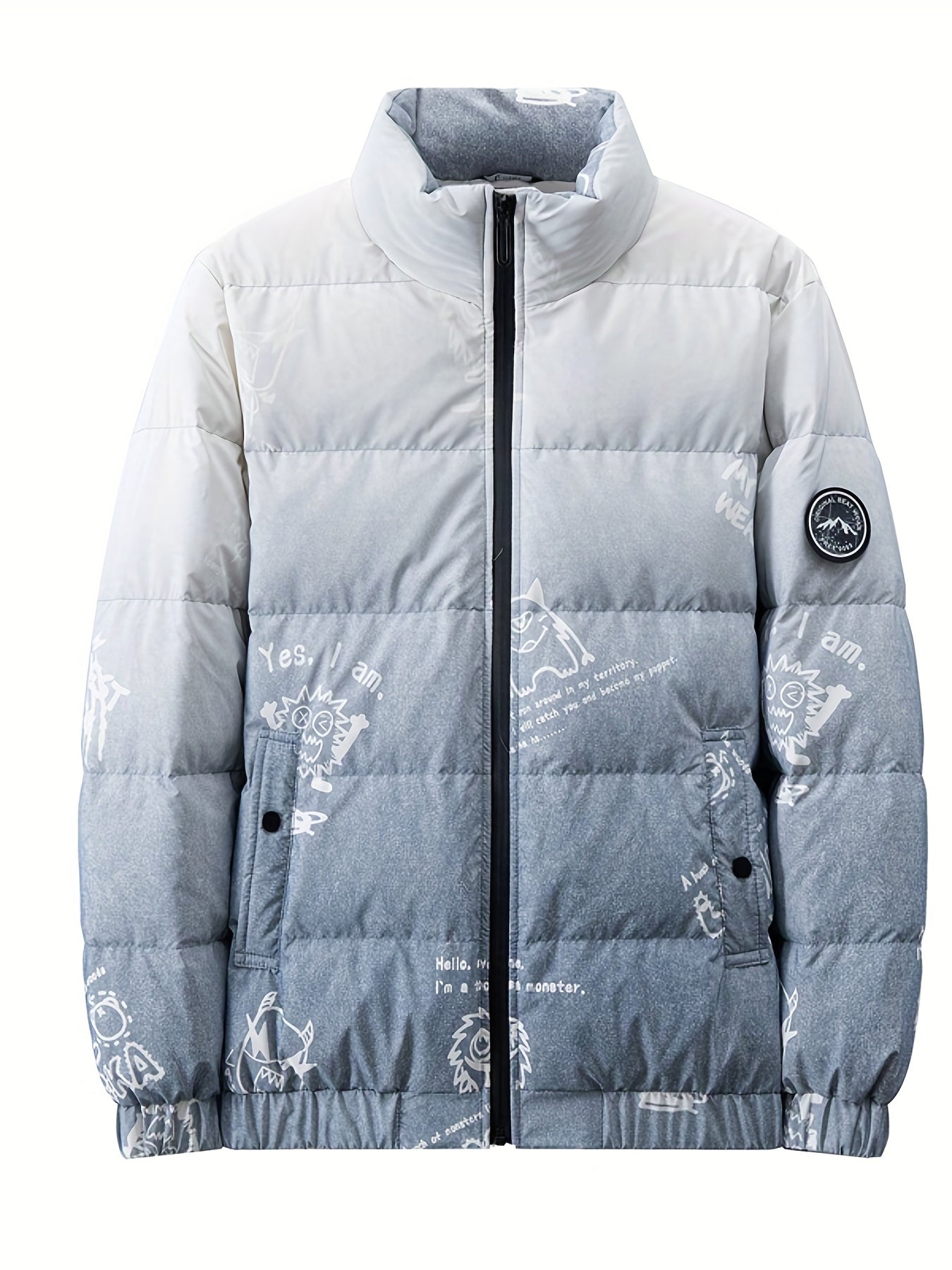 Graffiti Print Puffer Jacket Men's Stand Collar Down Coat