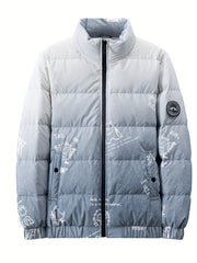 Graffiti Print Puffer Jacket Men's Stand Collar Down Coat
