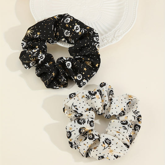 2pcs Boho Foral Print Scrunchies Hair Tie Glod Sparkle Hair Rope