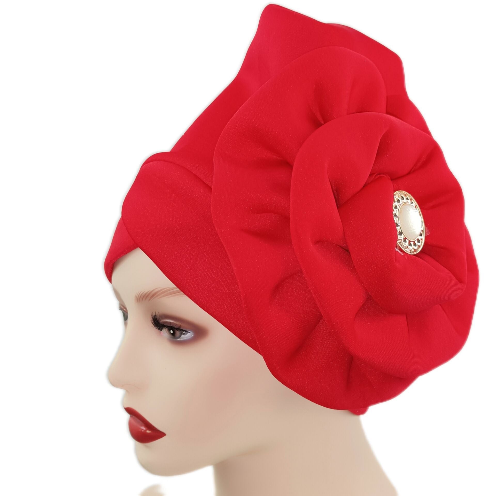 Faux Jade Alloy Turban Cap Flower Layer Wrinkled Hijab Hair Accessories
