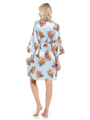 Leaf Print Satin Night Robe Long Sleeve V Neck Robe Women's Sleepwear