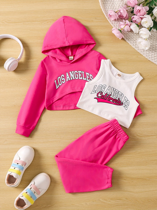 Girl's LA Print 2pcs Tank Top & Crop Hoodie & Sweatpants Set