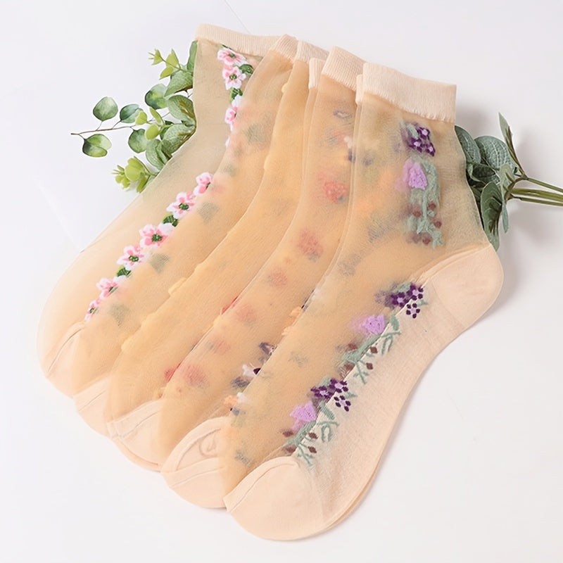 5 Pairs Floral Print Mesh Socks Breathable Mid Tube Women's Stockings
