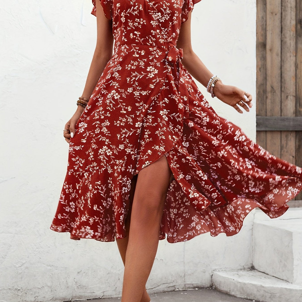 Floral Print V Neck Slim Dress Casual for Spring & Fall