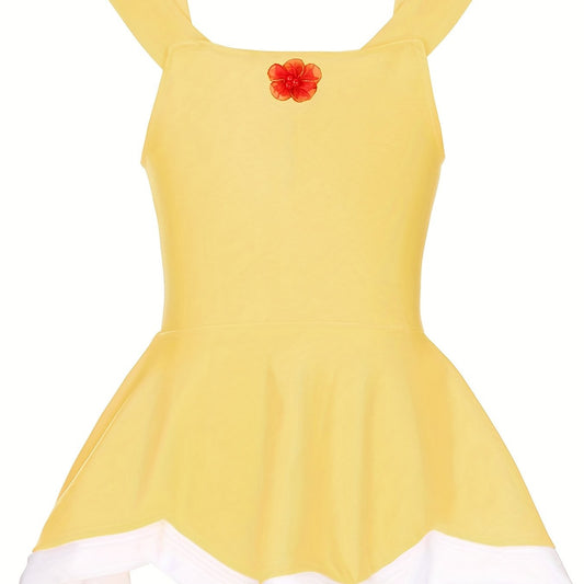 Girls 2pcs Swimsuit One Piece Tankini & Sequin Hairband Ruffle Dress