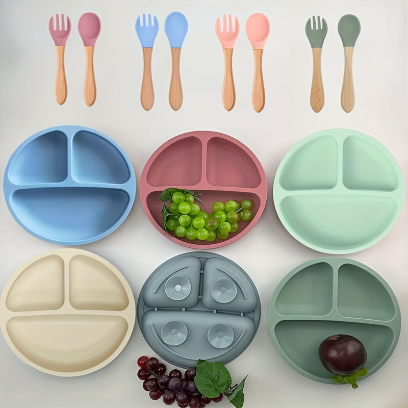 Baby Suction Plate With Self Feeding Spoon Fork BPA Infant Utensil Set