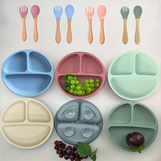 Baby Suction Plate With Self Feeding Spoon Fork BPA Infant Utensil Set