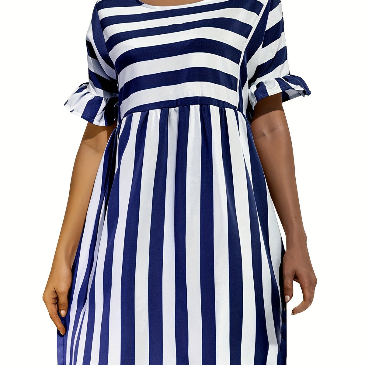  Nautical Stripe Ruffle Trim Dress