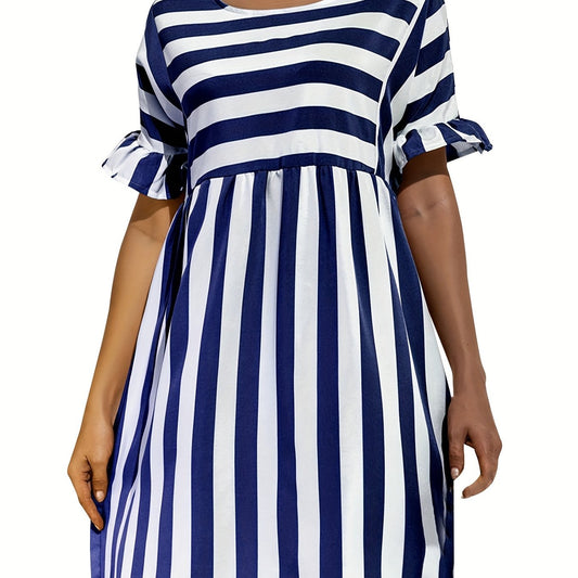  Nautical Stripe Ruffle Trim Dress