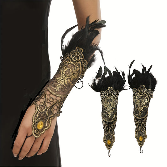 Feather Decor Vintage Gloves Lace Embroidery Gothic Fingerless Gloves