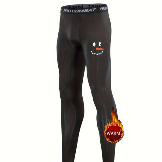 Boys Snowman & Hearts Print Compression Base Layer Sports Tights Fleece Leggings