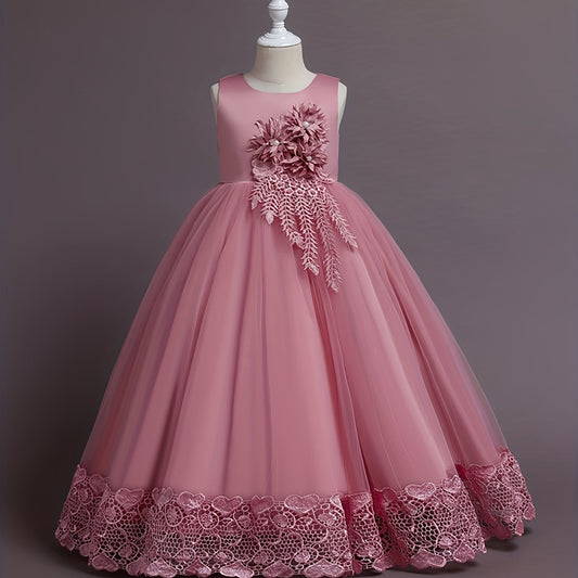 Girls Lace Embroidery Flower Princess Dress with Tutu Skirt