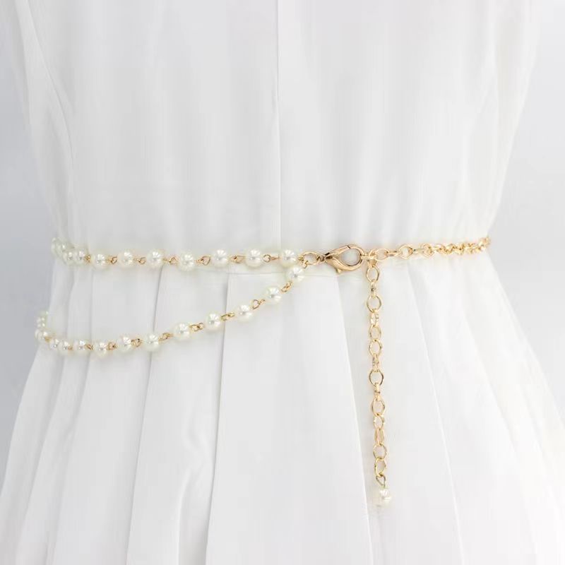 Vintage Faux Pearl Waist Chain Thin Belt