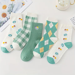 Cat & Plaid Print Socks Women's Mid Tube Stockings