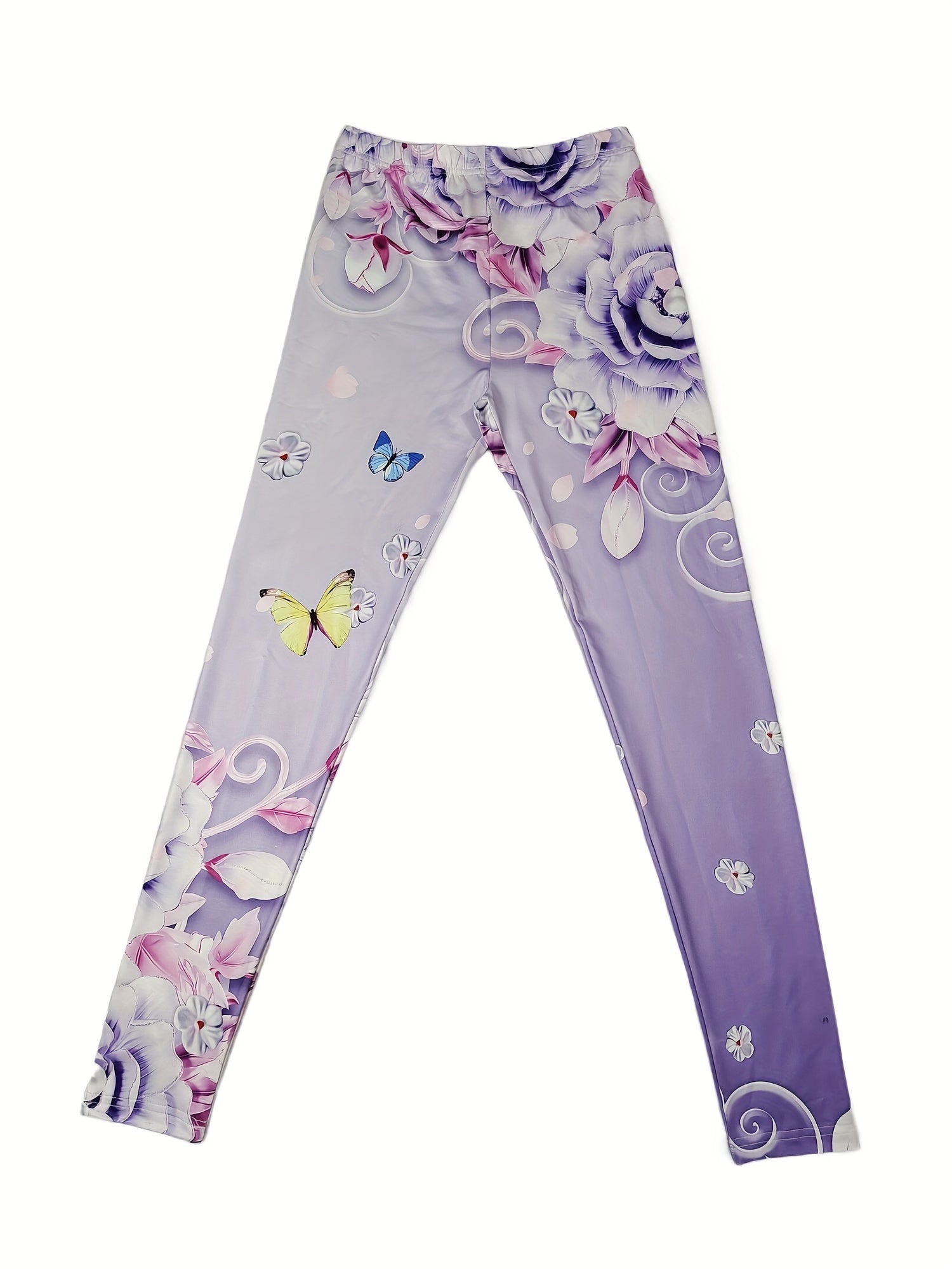 Floral Butterfly Print Skinny Leggings Women's Stretchy Leggings