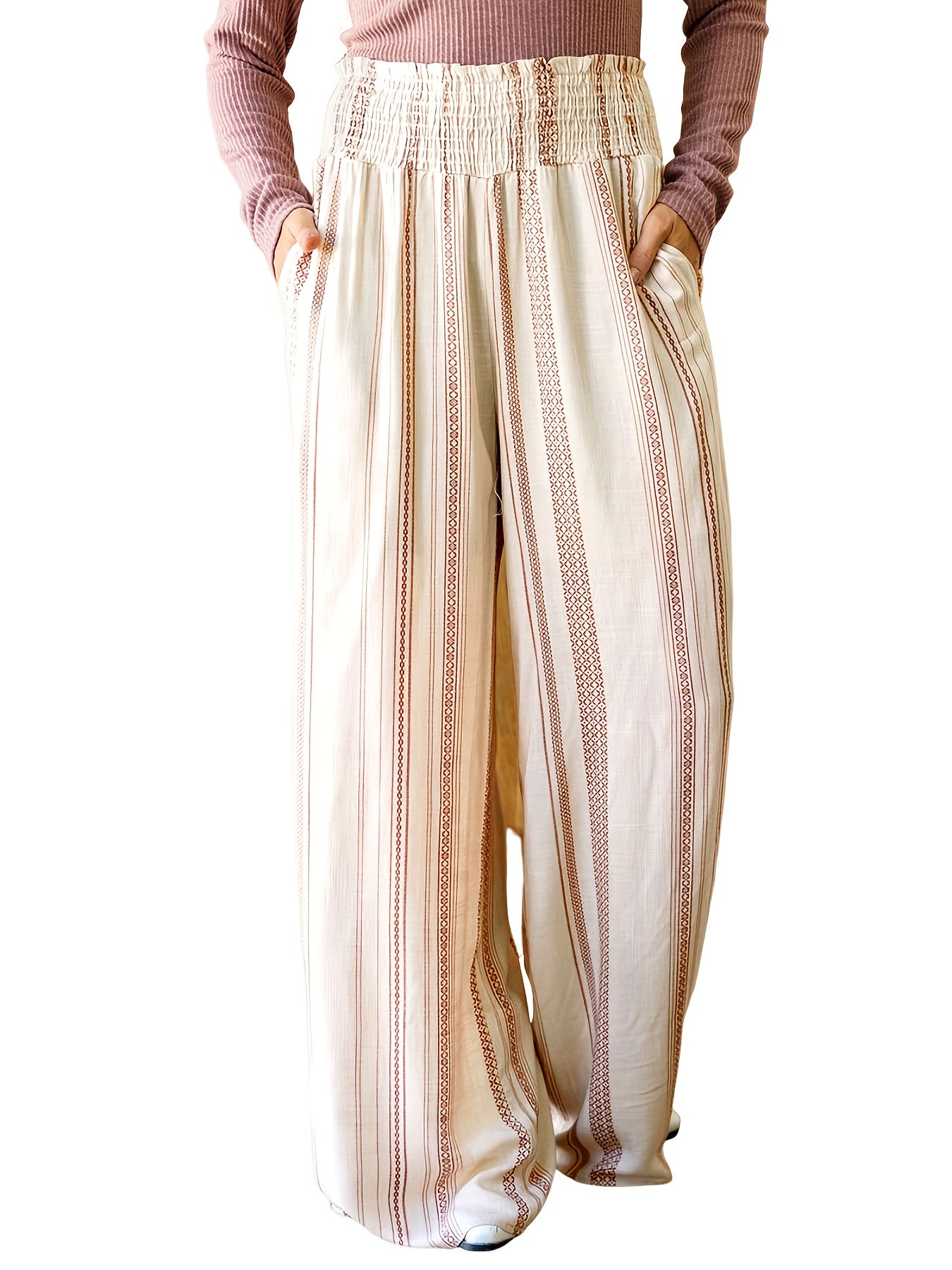  Striped & Geo Print Shirred Waist Straight Leg Pants