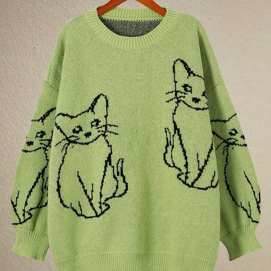  Y2K Cat Pattern Crew Neck Sweater