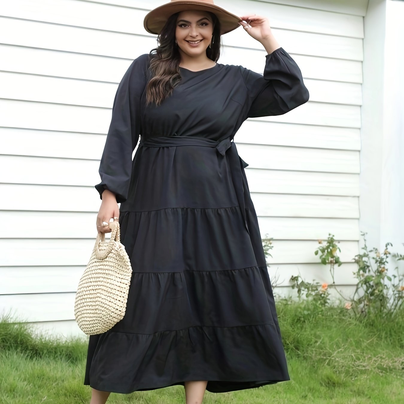 Women's Plus Solid Lantern Sleeve Maxi Dress With Belt