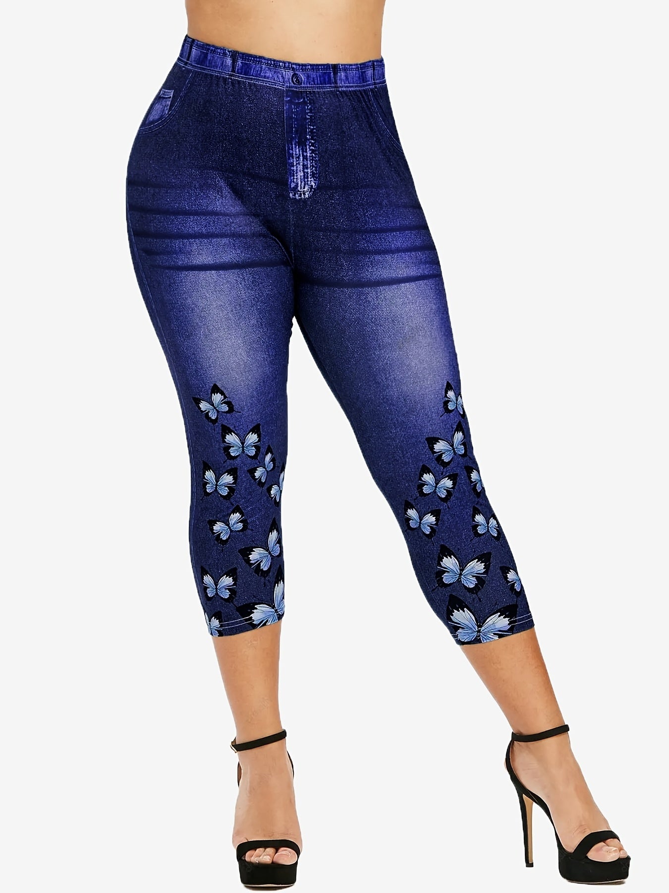 Butterfly & Denim Print Leggings Sexy Butt Lifting High Waist