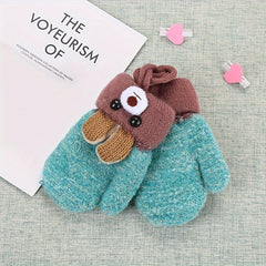 Bear Cartoon Gloves Kids Winter Knitted Double layered Thickened Gloves