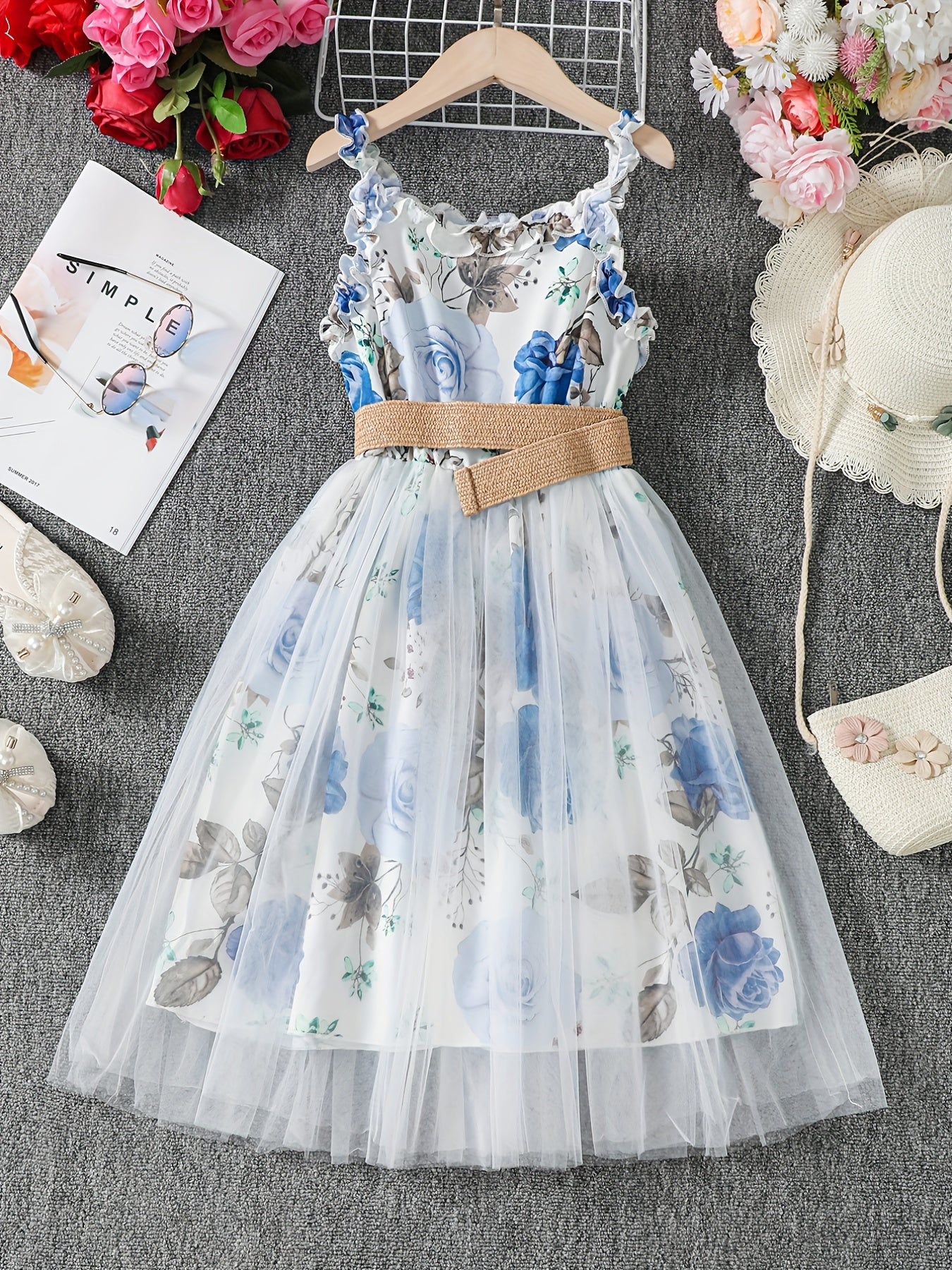Girls Floral Print Mesh Tulle Cami Dress with Belt