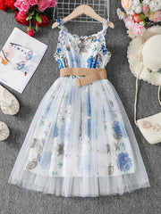 Girls Floral Print Mesh Tulle Cami Dress with Belt
