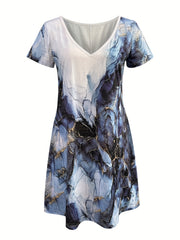 Women's Plus Marble Print V Neck Stretch Dress
