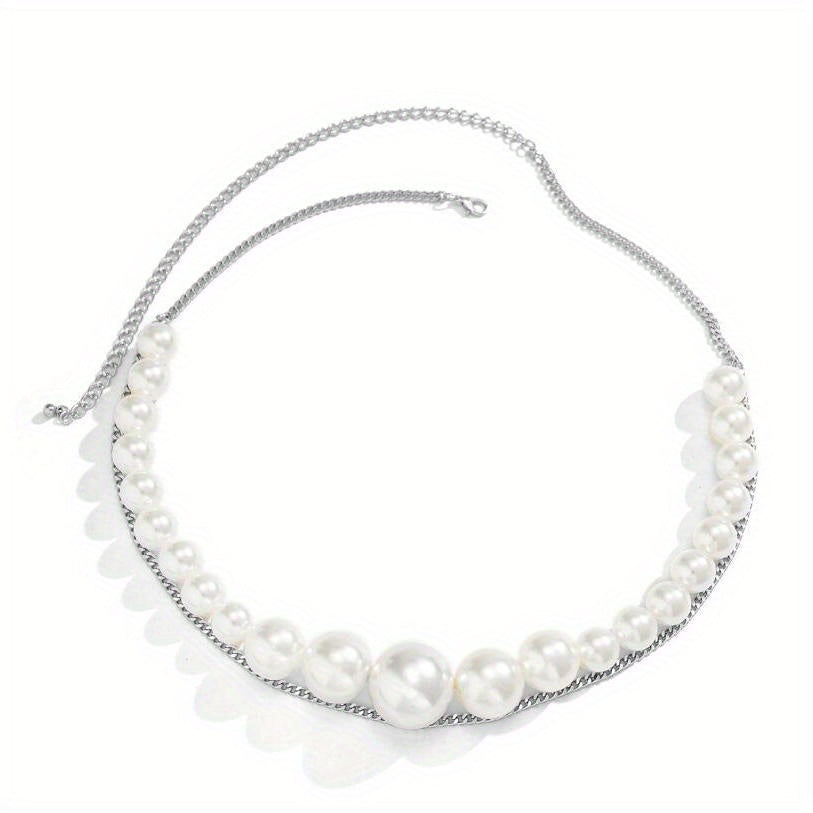 Faux Pearl Waist Chain Double Layer Metal Chain Belt Decorative Dress Girdle