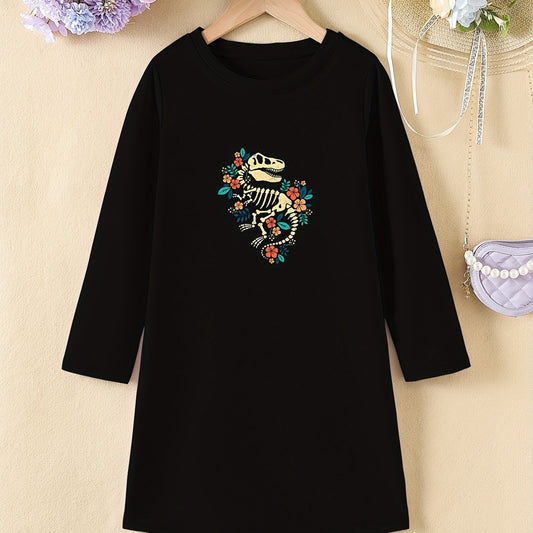 Girls' Floral Dino Bones Print Long Sleeve A-line Dress