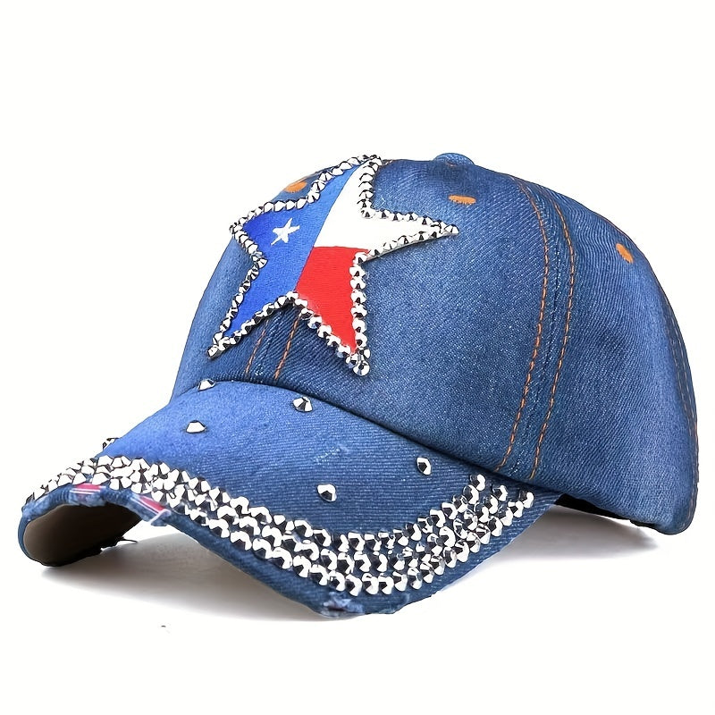 Pentagram Patch Denim Baseball Cap Rhinestone Hip Hop Distressed Dad Hat