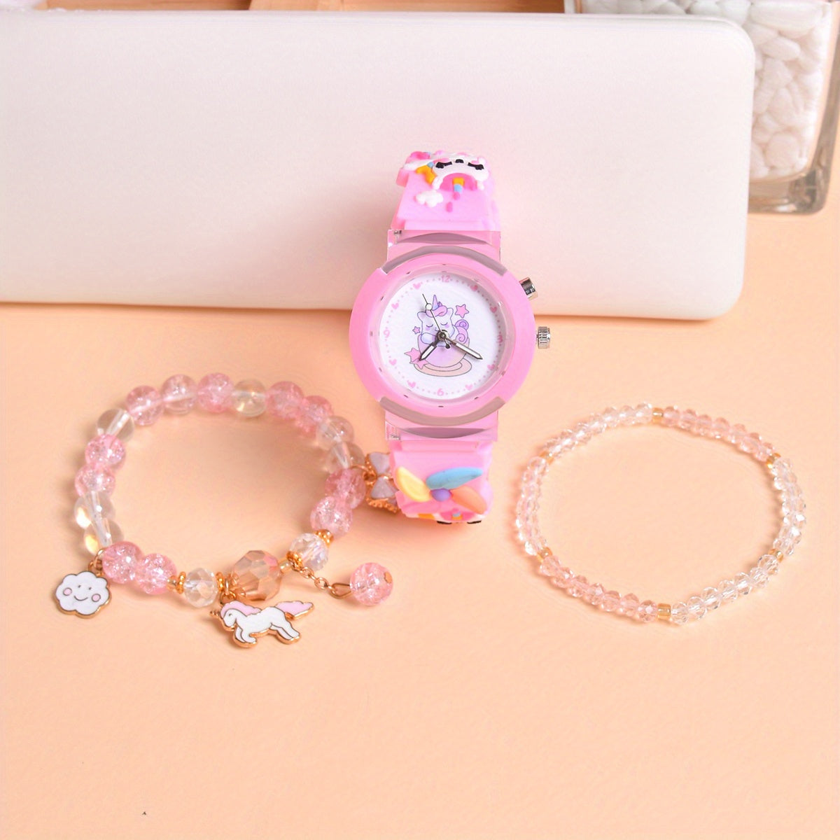 Cute Pony Quartz Watch for Girls with LED Light & Beaded Bracelet Set