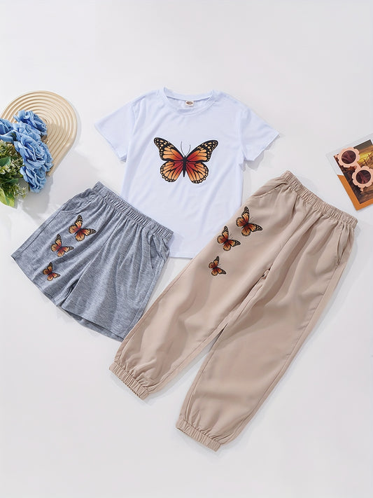 Girls Butterfly Graphic T shirt & Shorts Set for Summer Party