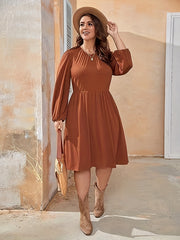  Ruched Lantern Sleeve Round Neck Dress