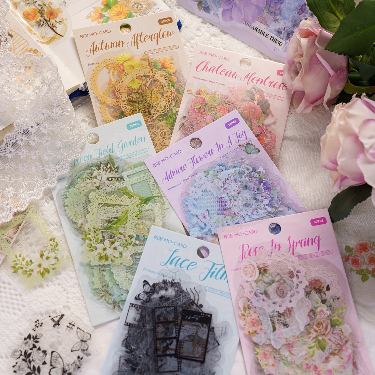 30pcs Ink Sticker Pack Retro Lace Flower Journal Decoration Material